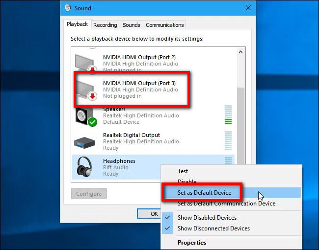 set hdmi as default playback device