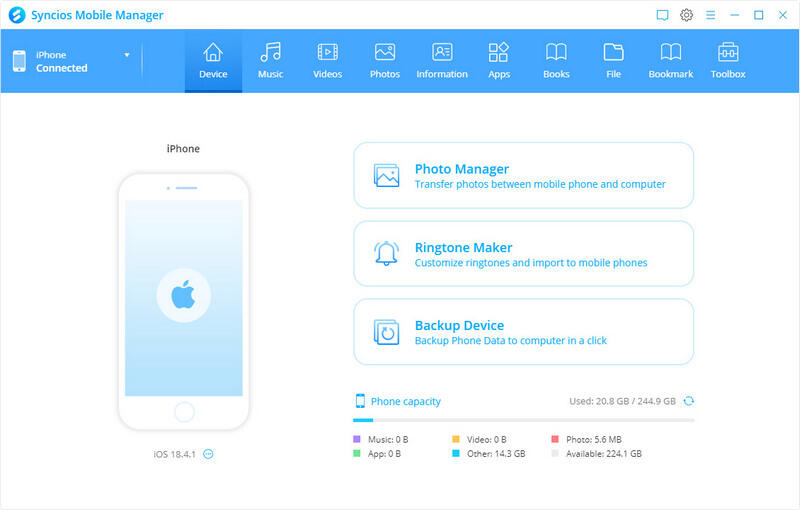 main interface of Syncios Mobile Manager