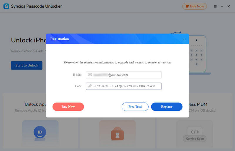 Successfully Regsiter Syncios Passcode Unlocker