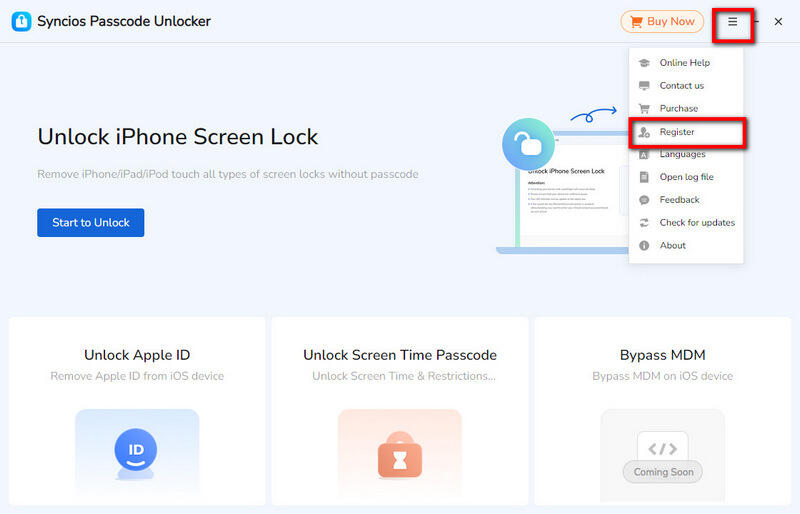 Syncios Passcode Unlocker Menu