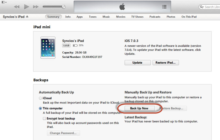 Backup iPad to iTunes