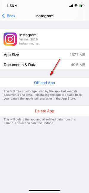 Offload Instagram to free up storage