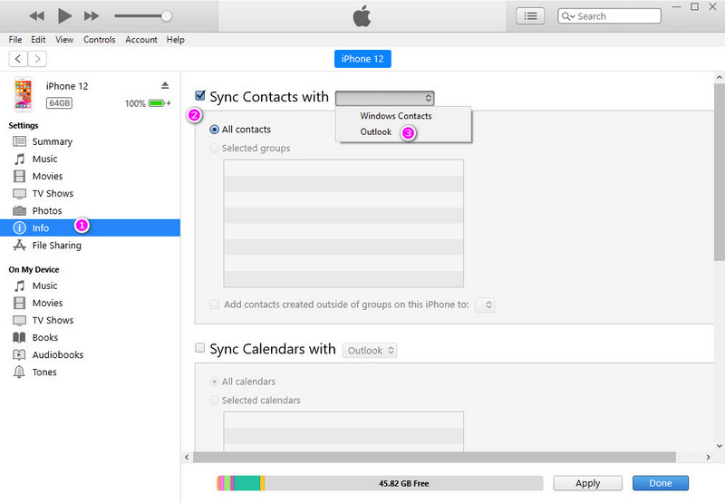 sync iPhone 12 contacts to outlook via itunes