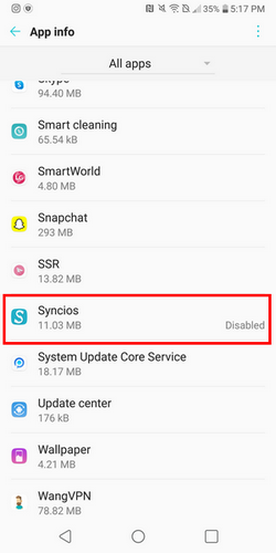 syncios app disabled