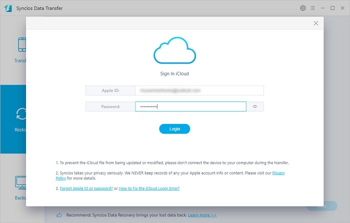 log in with iCloud account