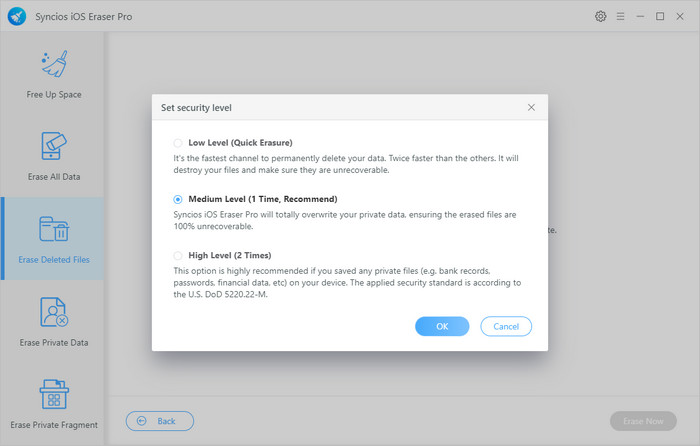 Setting security level of erasing