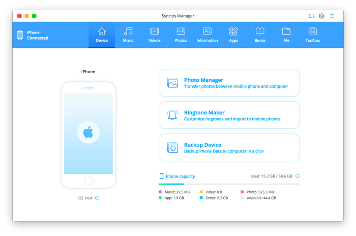 Syncios Manager for Mac V7.0.0 interface