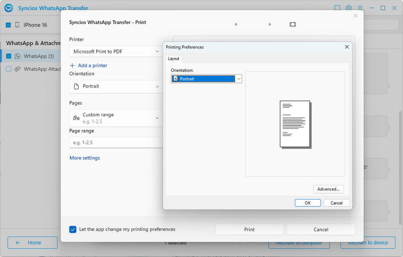 Print whatsapp chats configuration interface