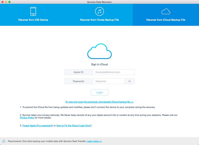 sign in to recover from iCloud backup file